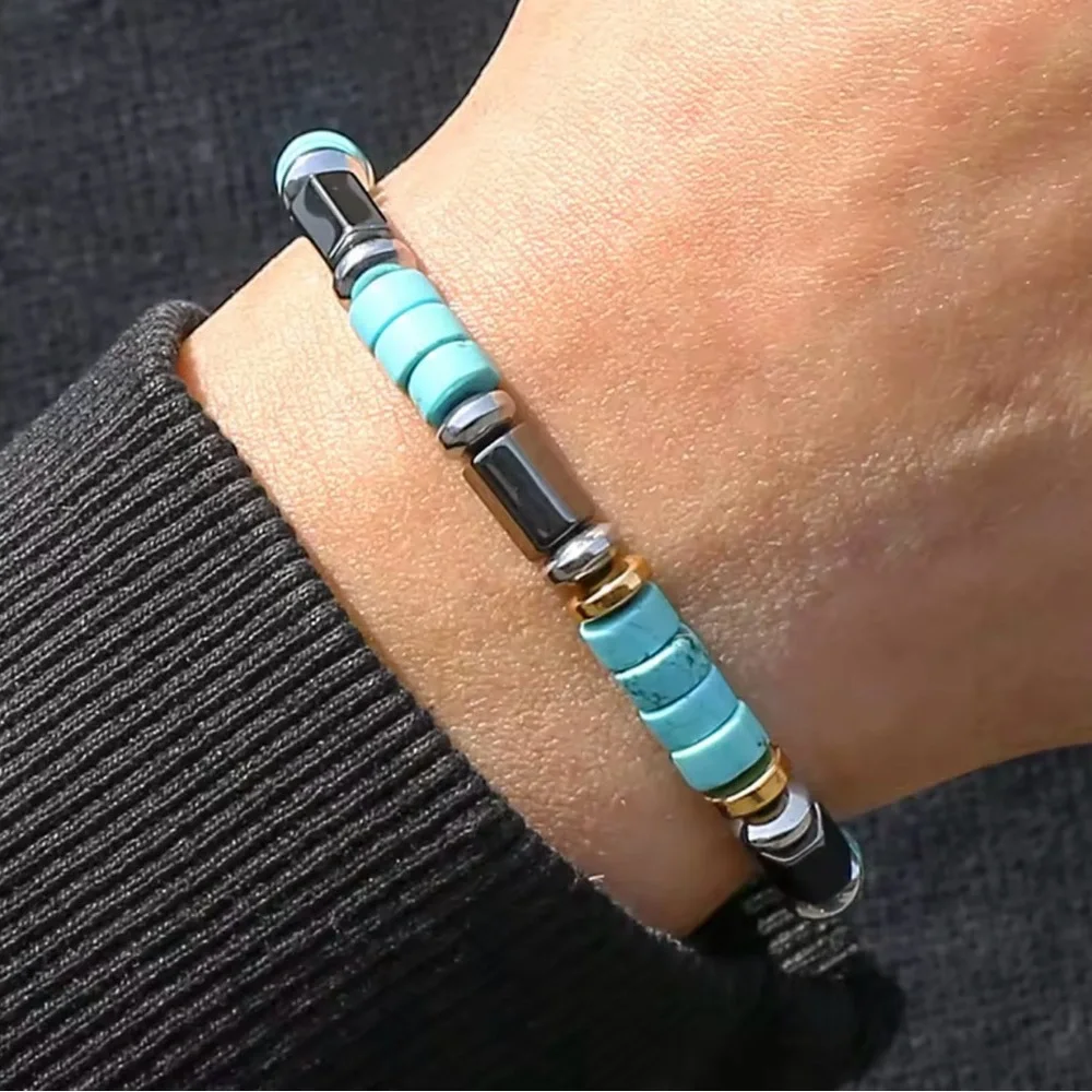 Men's Turquoise and Black Beaded Bracelet - Casual Everyday Style